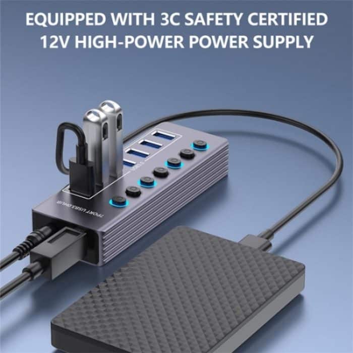 U307 Aluminiumlegierung 7-Port Splitter 5Gbps High Speed ​​USB 3.0 Hub mit unabhängigem Schalter – Bild 3