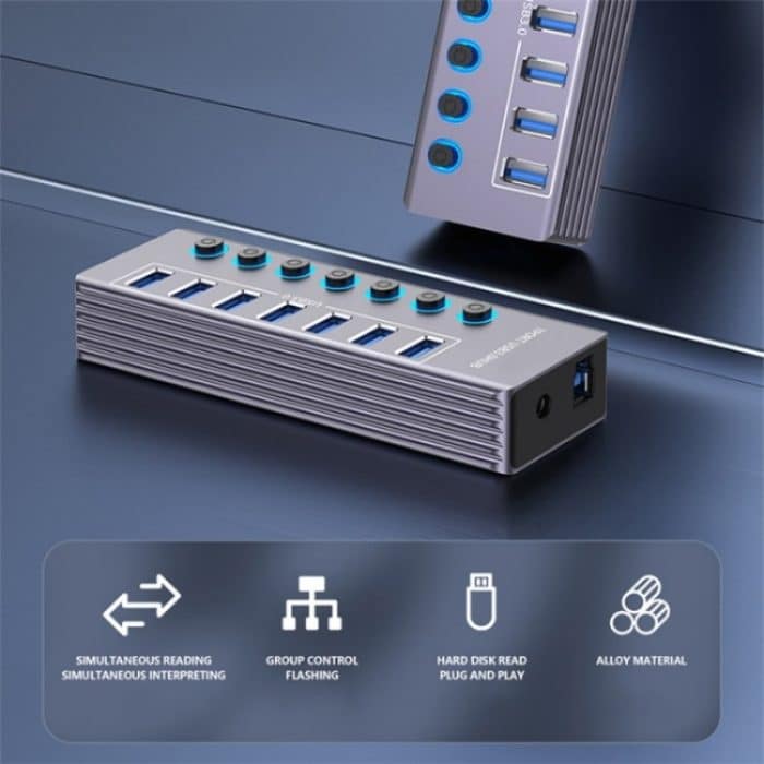 U307 Aluminiumlegierung 7-Port Splitter 5Gbps High Speed ​​USB 3.0 Hub mit unabhängigem Schalter – Bild 6