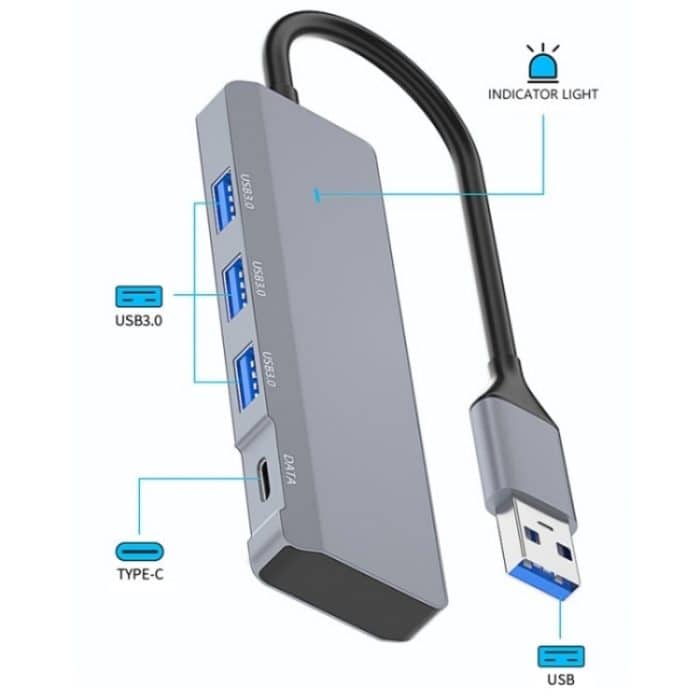 ADS-309A Aluminiumlegierung USB auf 3 x USB 3.0 + Typ-C Datenport-Erweiterungs-Hub-Adapter – Bild 2