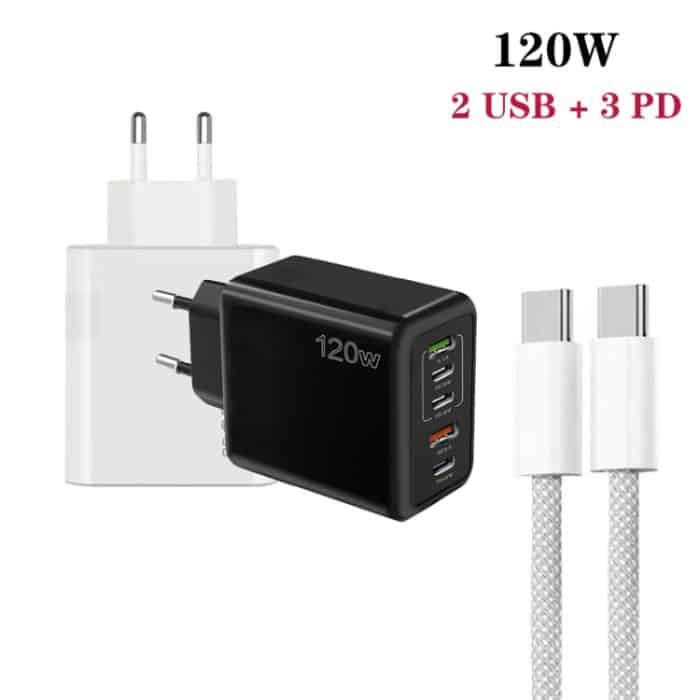 120 W PD3.0 3 Typ-C 2 USB Multi-Port-Schnellladegerät mit Typ-C auf Typ-C Kabel, EU-Stecker, EU Plug + C to C Cable – Bild 2