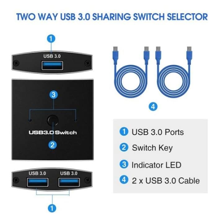 U3 USB-Laufwerk Drucker-Sharing-Splitter USB 3.0 Bidirektionaler Schalter 1 Eingang 2 Ausgang Hub – Bild 7