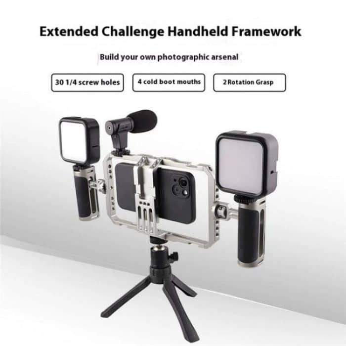 C072 Aluminiumlegierung Handheld Smartphone Käfig Rig Fotografie Stabilisator Dual Griff Rahmen – Bild 7