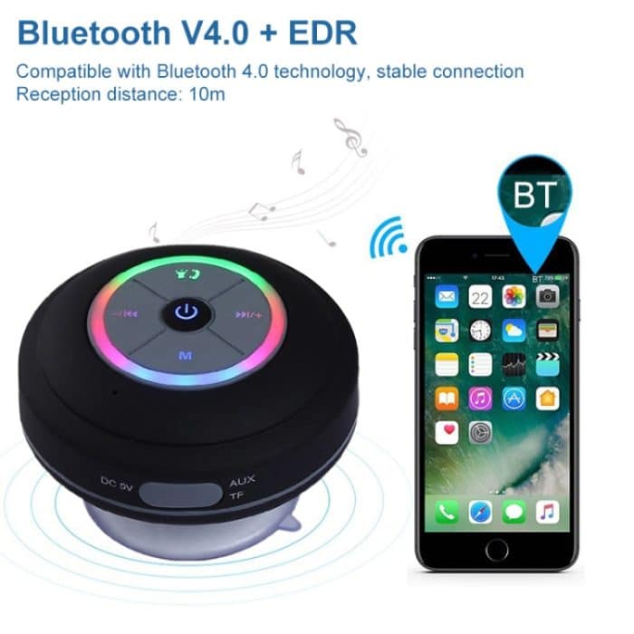 BTS-08 Drahtloser Bluetooth-Lautsprecher, wasserdicht, LED-FM-Radio, Subwoofer, Bluetooth-Säule, TF-Karte, Saugnapf, Mini-Duschlautsprecher – Bild 9