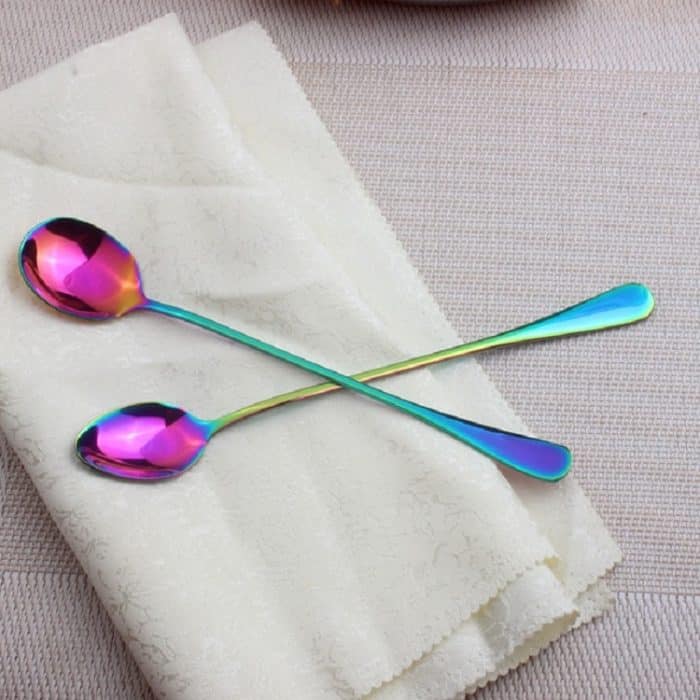 2 Stück Regenbogen-Langstiel-Kaffeelöffel aus Edelstahl mit langem Griff, Kaltgetränk-Rührlöffel für Dessert, Kuchen, Round Spoon, Sharp Spoon – Bild 3
