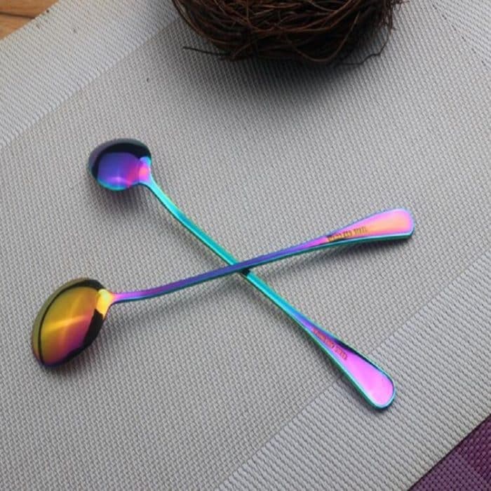2 Stück Regenbogen-Langstiel-Kaffeelöffel aus Edelstahl mit langem Griff, Kaltgetränk-Rührlöffel für Dessert, Kuchen, Round Spoon, Sharp Spoon – Bild 4