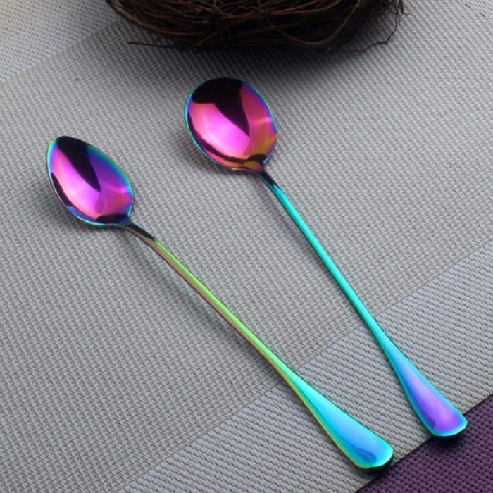 2 Stück Regenbogen-Langstiel-Kaffeelöffel aus Edelstahl mit langem Griff, Kaltgetränk-Rührlöffel für Dessert, Kuchen, Round Spoon, Sharp Spoon – Bild 6