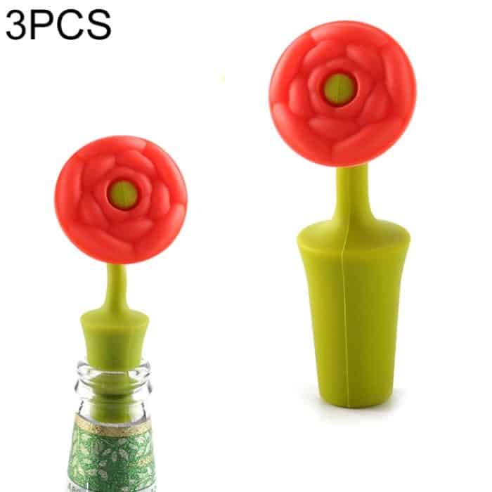 3 Stück kreativer Wein-Getränk-Konservierungsstopfen, Blumen-Silikon-Weinstopfen, 3 PCS Rose Stopper, 3 PCS Red Sun Flower Beer Stopper, 3 PCS Leaf Beer Stopper – Bild 1