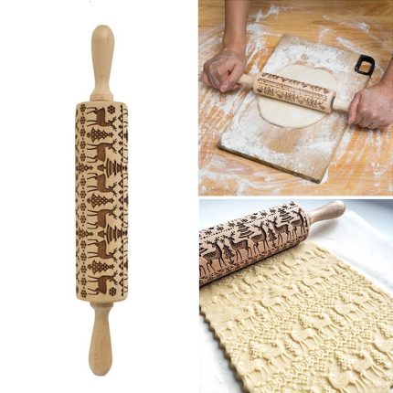 2 Stück Nudelholz mit Weihnachtsprägung, zum Backen von Keksen, Fondant, Kuchen, Teig, mit Gravur