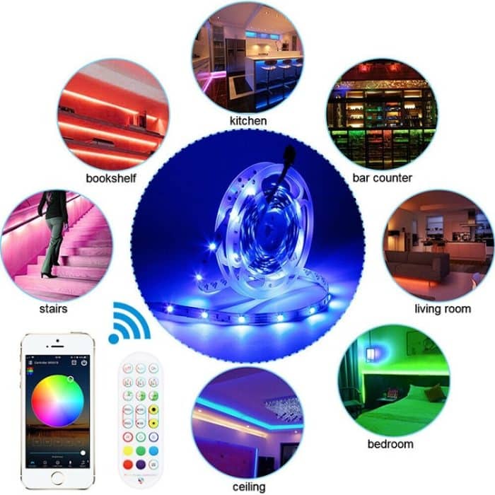 Bluetooth-Anzug Smart Music Sound Control Lichtleiste Wasserdicht 5050 RGB Bunte Atmosphäre LED-Lichtleiste mit 24-Tasten-Fernbedienung, 5M 150 LEDs, 5M 300 LEDs, 10M 300 LEDs, 10M 600 LEDs, 15M 450 LEDs, 20M 360 LEDs – Bild 4