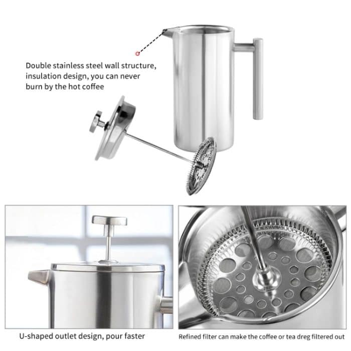 Französische Druck-Kaffeekanne aus Edelstahl 304, handgefertigte Teekanne, 350ml, 800ml, 1000ml – Bild 5