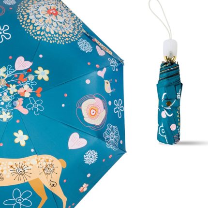 Kleiner, faltbarer Regenschirm aus frischem Vinyl mit Cartoon-Motiv, Wald, Regen und Sonne, doppelter Verwendungszweck, Automatic, Manual