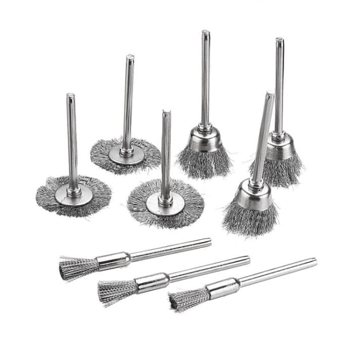 10 Stück Drahtbürste, Metall-Entkalkungs-Polierbürste zum Entfernen der Oxidschicht, flache Polierbürste, Pen Shape 3×5MM, Pen Shape 3×8MM, Bowl Shape3×15MM, Bowl Shape3×25MM, Flat 3×25MM, Flat 3×38MM – Bild 2