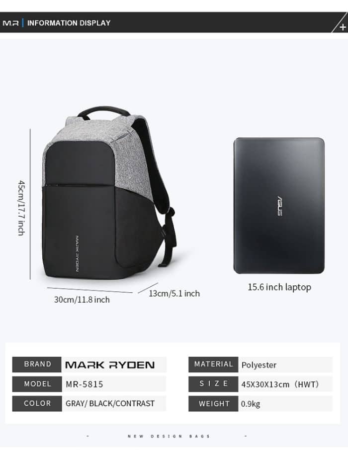 Mark Ryden Multifunktions-USB-Lade-Männer-15-Zoll-Laptop-Rucksack, Black, Black with Grey, Gray – Bild 5