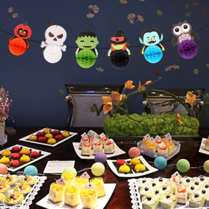 3 Taschen Halloween Hotel Einkaufszentrum Hintergrund Wand Atmosphäre Dekoration Wabenball Papier Flagge – Bild 5