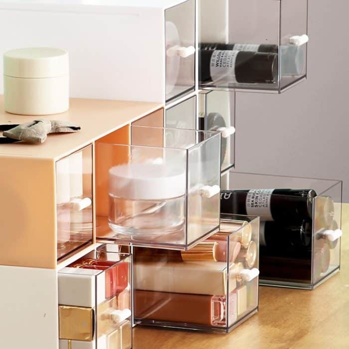 Desktop Schublade Aufbewahrungsbox Kosmetik Büro Student Schreibwaren Stift Schlafsaal Drei Gitter Schreibtisch Rack, Coral Powder, Ivory White, Glacier Blue – Bild 4