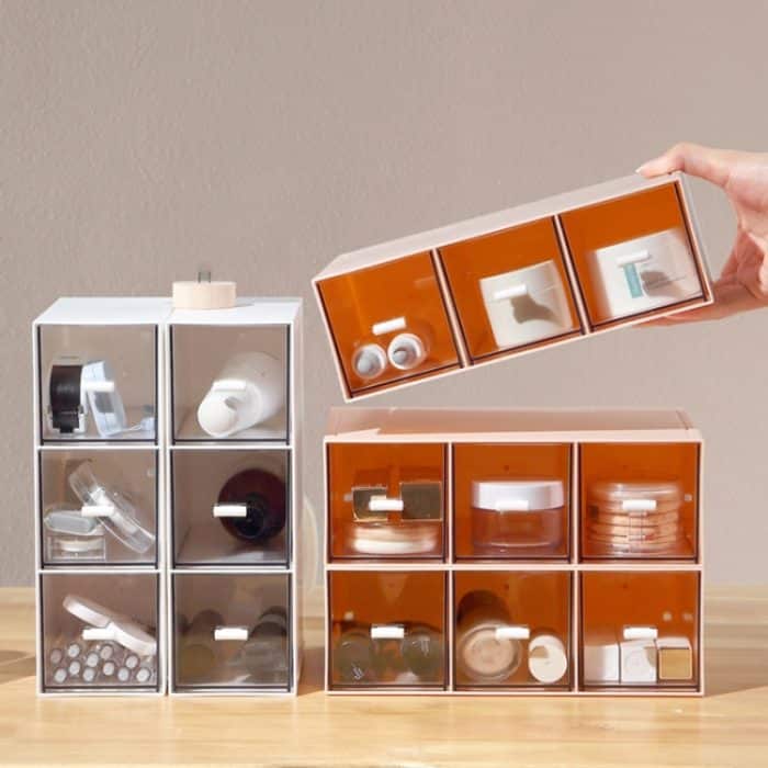 Desktop Schublade Aufbewahrungsbox Kosmetik Büro Student Schreibwaren Stift Schlafsaal Drei Gitter Schreibtisch Rack, Coral Powder, Ivory White, Glacier Blue – Bild 5