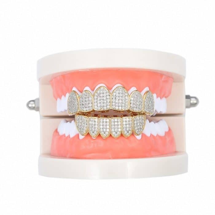 TBD0557783701.jpg Halloween-Accessoires Hip-Hop-Hosenträger mit Mikroeinlage aus Zirkon, Gold Suit, Silver Suit, Gold Upper Teeth, Gold Lower Teeth, Silver Upper Teeth, Silver Lower Teeth – Bild 1