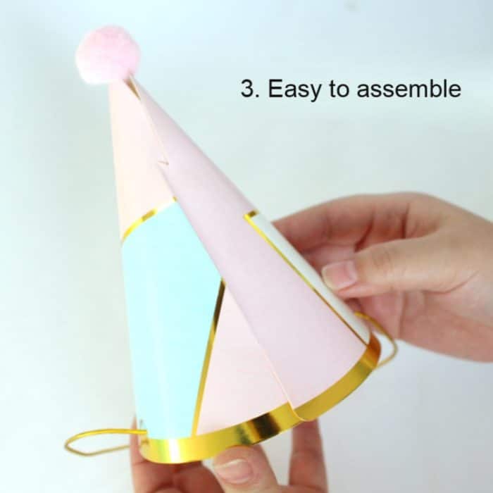 10 PCS Kinder Erwachsene Geburtstag Party Hut Pelz Ball Geburtstag Papier Hut, Geometric Pink, Polygon Love Heart, Half Round Five-pointed Star Pink, Half Round Five-pointed Star Blue, Rainbow Style, European Lace Pink, Rhombus Line Black, Dot Black – Bild 5