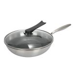 Ölfreier und unbeschichteter Wok aus Edelstahl 304 mit flachem Boden für den Haushalt, geeignet für Induktionsherde mit Gas, 32cm