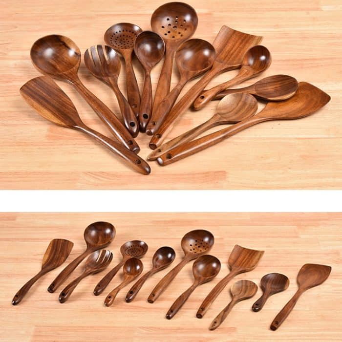 Antihaftbeschichteter Topf, Holzschaufel, Teakholz, Kochtopf, Schaufel, Geschirr, Sweet Spoon, Saving Spoon, Bent Spoon, Mixing Spoon, Filter Spoon, Curved Shovel, Thickened Oblique Shovel, Curved Spatula, Small Spoon, Medium Spoon, Long Handle Spoon... – Bild 3
