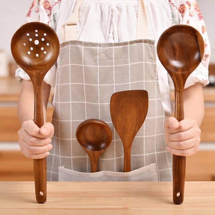 Antihaftbeschichteter Topf, Holzschaufel, Teakholz, Kochtopf, Schaufel, Geschirr, Sweet Spoon, Saving Spoon, Bent Spoon, Mixing Spoon, Filter Spoon, Curved Shovel, Thickened Oblique Shovel, Curved Spatula, Small Spoon, Medium Spoon, Long Handle Spoon... – Bild 4