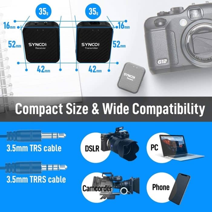 SYNCO Engragal Drahtloses Mikrofonsystem, 2,4 GHz, Interview, Lavalier, Ansteckmikrofon, Empfänger-Set für Telefone, DSLR, Tablet, Camcorder, Konfiguration, G1 (A1), G1 (A2) – Bild 3