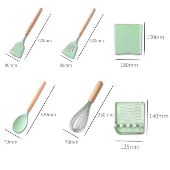 KU349 13-in-1 Aufbewahrungsbehälter mit Holzgriff, Silikon-Küchengeschirr-Set, antihaftbeschichtet, Kochlöffel, Schaufel, Küchenregal, Color, Light Green, Deep Green, Black, Purple, Red, Pink – Bild 3