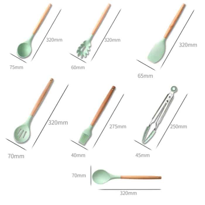 KU349 13-in-1 Aufbewahrungsbehälter mit Holzgriff, Silikon-Küchengeschirr-Set, antihaftbeschichtet, Kochlöffel, Schaufel, Küchenregal, Color, Light Green, Deep Green, Black, Purple, Red, Pink – Bild 4