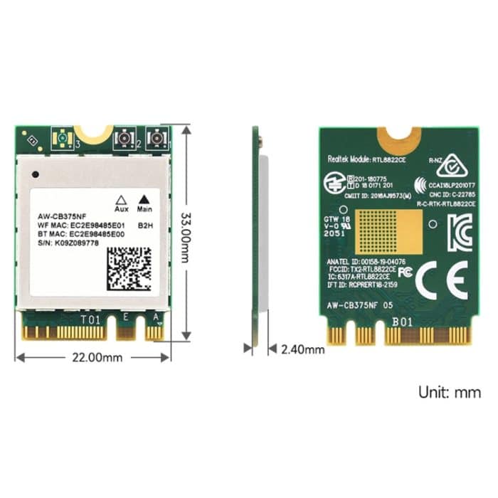 Waveshare 24780 AW-CB375NF 2,4 G/5 GHz Dual-Band WiFi 5 Wireless NIC, RTL8822CE-CG Core, unterstützt BLE – Bild 3