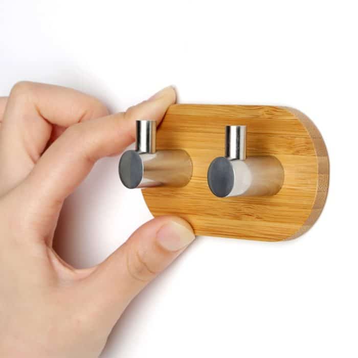 2 Stück Edelstahl Bambus zweireihige Haken Küche Badezimmer Tür selbstklebend Massivholz Haken, Adhesive Wood Hook – Bild 4