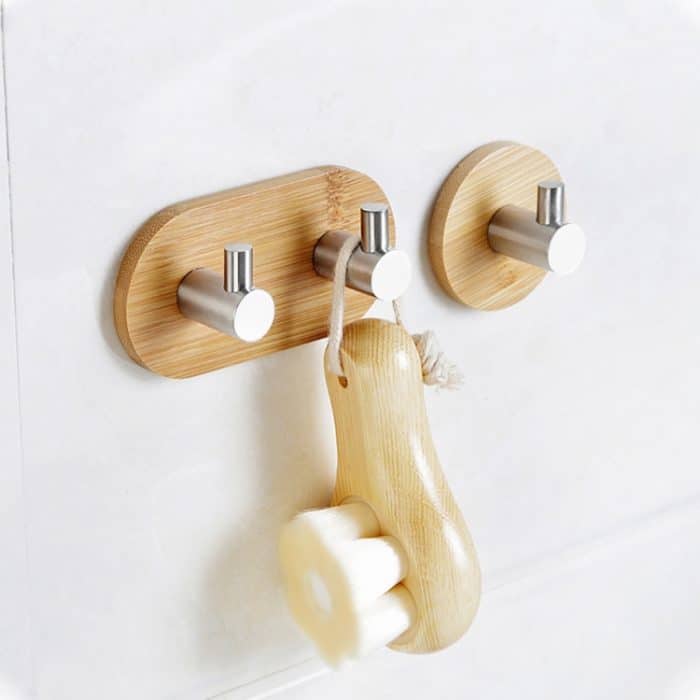 2 Stück Edelstahl Bambus zweireihige Haken Küche Badezimmer Tür selbstklebend Massivholz Haken, Adhesive Wood Hook – Bild 5