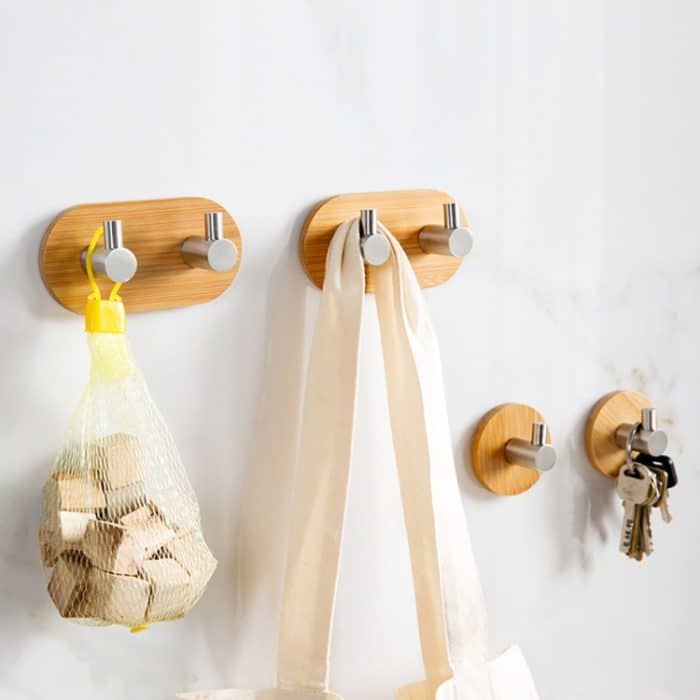 2 Stück Edelstahl Bambus zweireihige Haken Küche Badezimmer Tür selbstklebend Massivholz Haken, Adhesive Wood Hook – Bild 6