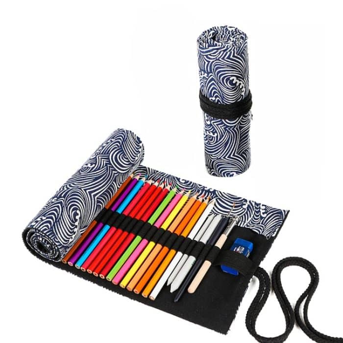 Kleine Wellen Bedruckte Leinwand Stift Vorhang Große Kapazität Roller Stift Tasche Skizze Farbe Bleistift Briefpapier Box, 12 Holes, 24 Holes, 36  Holes, 48  Holes, 72  Holes – Bild 1