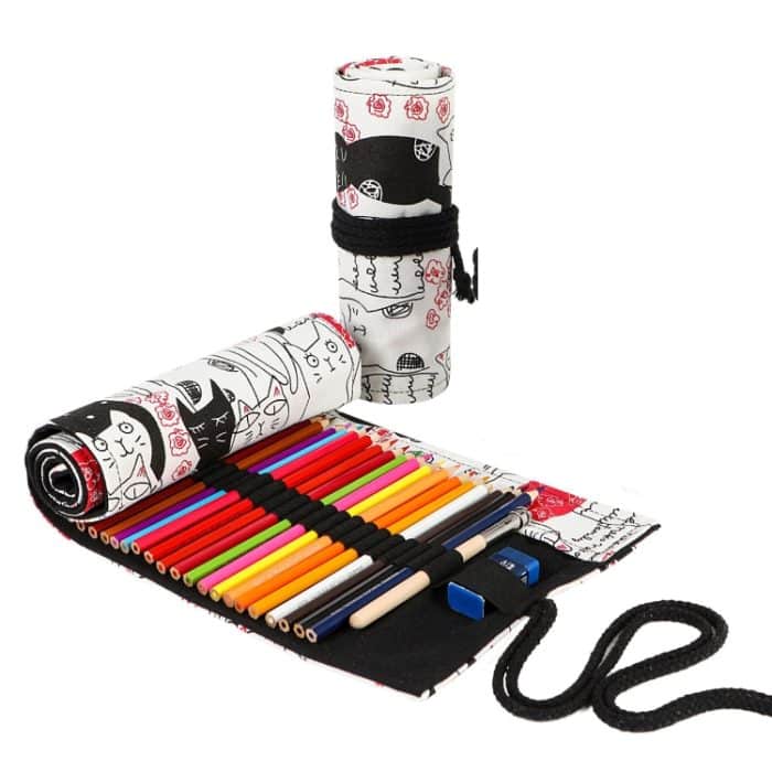 Paar Katze Gedruckt Leinwand Stift Vorhang Große Kapazität Roller Stift Tasche Skizze Farbe Bleistift Tasche, 12 Holes, 24 Holes, 36 Holes, 48 Holes, 72 Holes – Bild 1