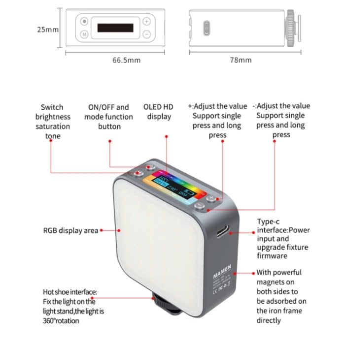 MAMEN D01 66 LEDs 2500-9000K doppelseitige RGB-LED-Fülllichter – Bild 3