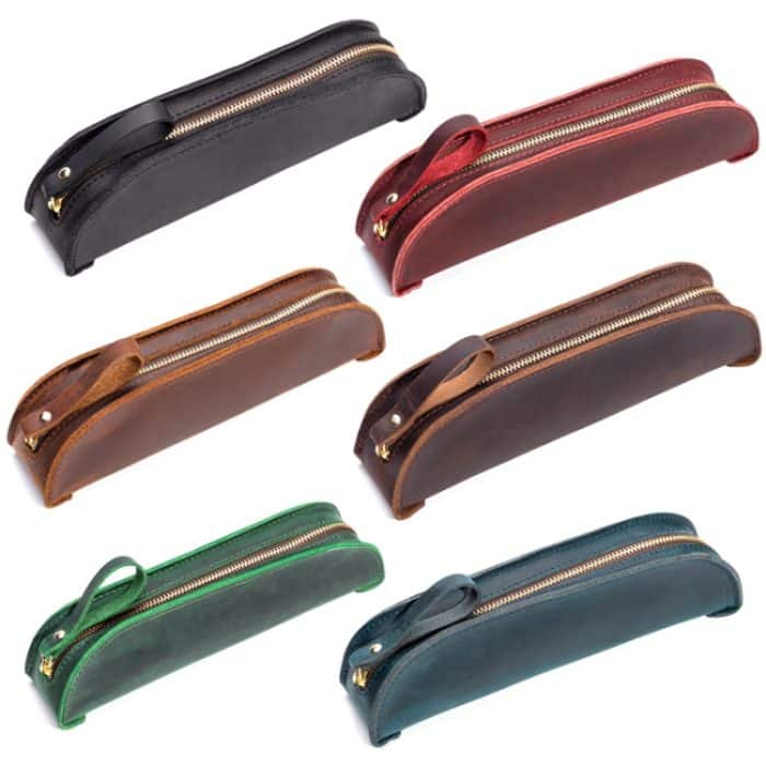 W-T18 Vintage handgefertigtes Federmäppchen aus echtem Leder mit Reißverschluss, Black, Brown, Wine Red, Coffee, Ink Green, Blue – Bild 2