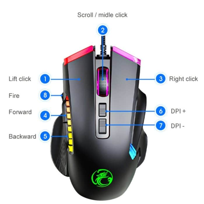 IMICE T70 programmierbare kabelgebundene Gaming-Maus mit 8 Tasten und 7200 DPI RGB-Beleuchtung, Kabellänge: 1,8 m, T70 – Bild 2