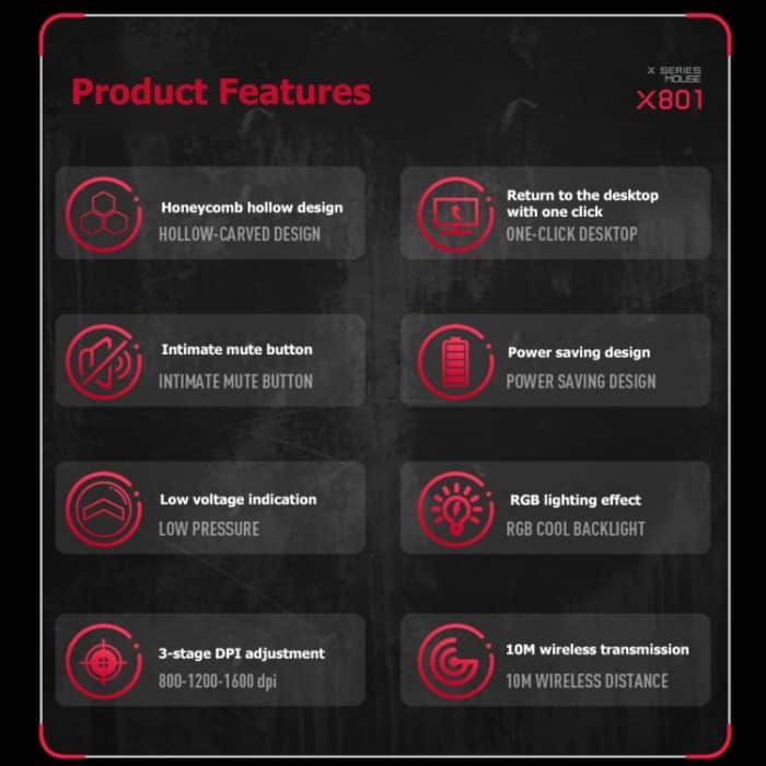 FMOUSE X801 8 Tasten 1600DPI hohl leuchtende Gaming-Büromaus, Stil:, Black Wireless Rechargeable, White Wireless Rechargeable, Black Wired, White Wired – Bild 3