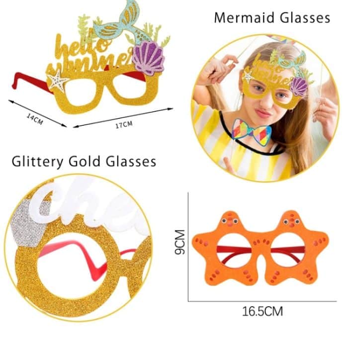 3 Stück Happy Birthday Motto-Party-Brille, Foto-Dekoration, Requisite, Form:, Mermaid, Chicken Leg, Starfish, Crab, Category, Kiss Fish, Beach, Wine Glass, Flower – Bild 3