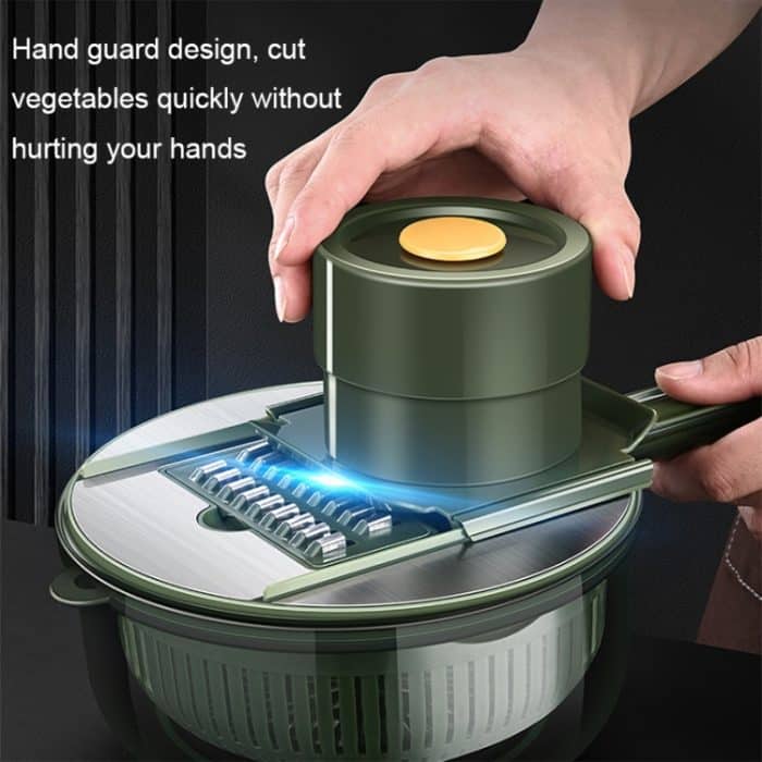 6-in-1-Gemüseschneider mit Handschutz, Wasserfilter und Aufbewahrungsfunktion, Gray, Green – Bild 5