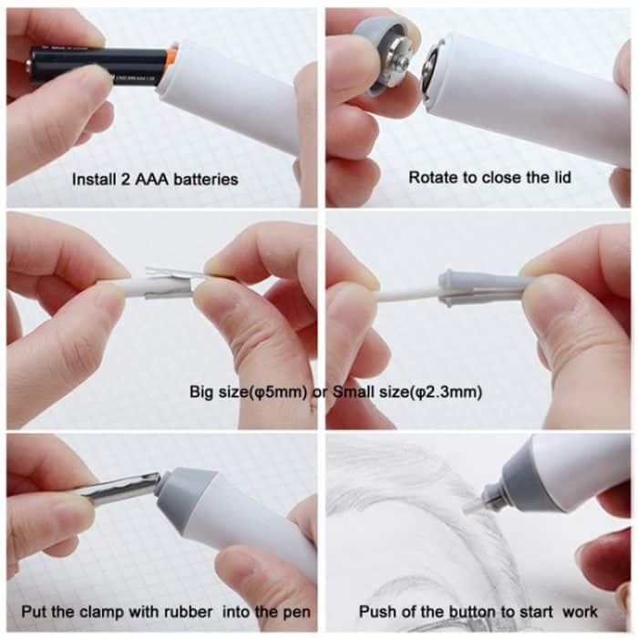 Tenwin 8302 Verstellbarer elektrischer Radiergummi mit Gummi-Nachfüllungen zum Radieren von Skizzen und Zeichnungen, Black, White, Grey – Bild 6