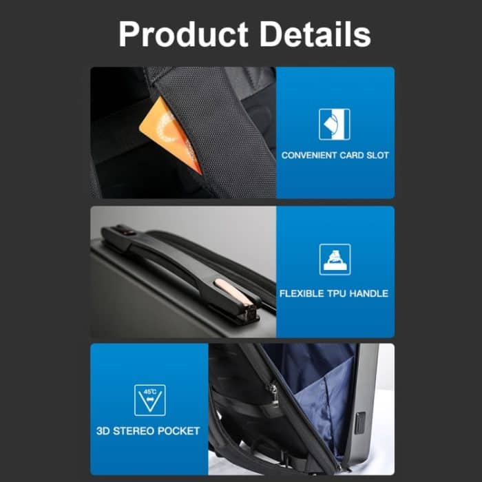 Bopai 61-93318A Hartschalen-Rucksack, wasserdicht und erweiterbar, mit USB-Ladeloch, Spezifikationen:, Regular (Silver), Password (Silver), Regular (Black), Password (Black) – Bild 7