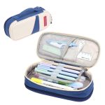 Deer Forest BL-A003 Macaron Große doppellagige Canvas-Federmäppchen-Briefpapierbox mit großem Fassungsvermögen, Navy Blue, Fruit Green, Khaki, Orange Yellow, Cyan Purple, Cyan Blue, Cherry Pink