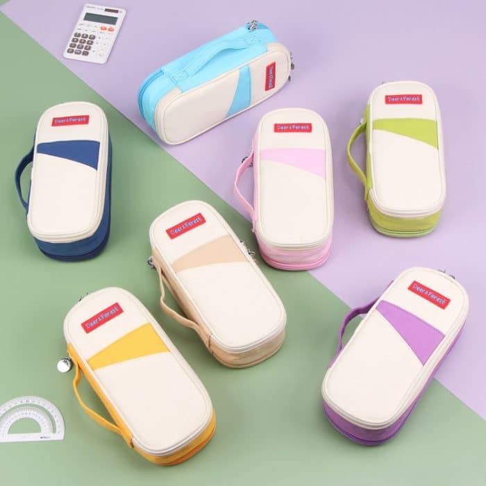 Deer Forest BL-A003 Macaron Große doppellagige Canvas-Federmäppchen-Briefpapierbox mit großem Fassungsvermögen, Navy Blue, Fruit Green, Khaki, Orange Yellow, Cyan Purple, Cyan Blue, Cherry Pink – Bild 2