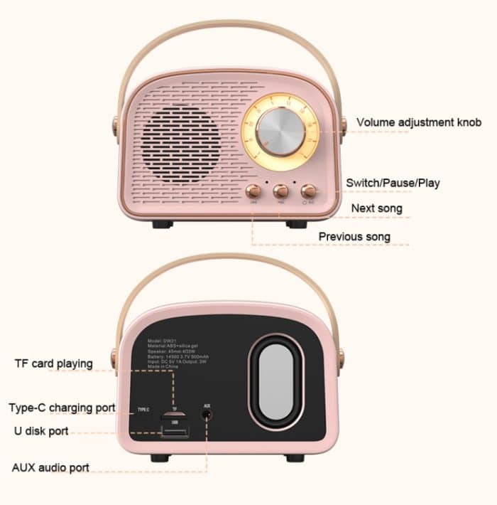 DW21 Vintage Radio BT-Lautsprecher unterstützt TF-Karte/U-Disk zum Abspielen, White, Dark Green, Light Green, Pink, Wood Grain – Bild 5