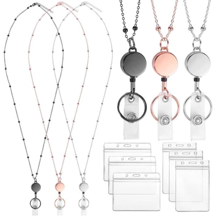 QD-2451 Multifunktionaler ID-Kartenhalter mit Metallperlenkette und einziehbarer Zugschnalle, Rose Gold, Silver, Black – Bild 2