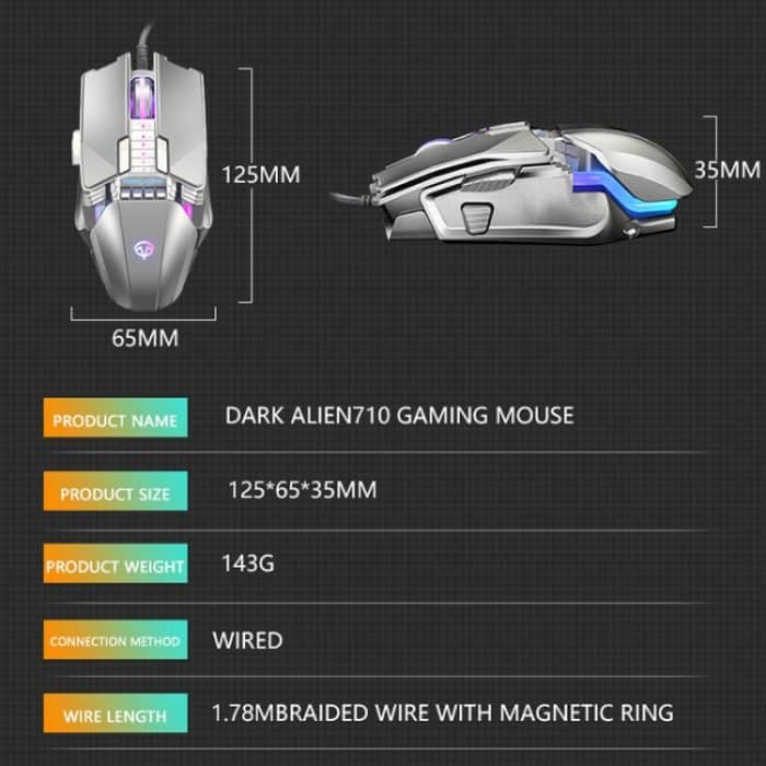 Dark Alien V710 7 Tasten Metall-Bürokabel, leuchtende Maus, Kabellänge: 1,78 m – Bild 7