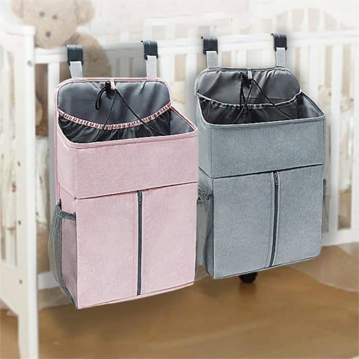 Babybett-Organizer für Neugeborene, Krippe, Windelaufbewahrung, Hängetaschen, Nachtregal, Tasche, Linen Gray, Linen Pink – Bild 6