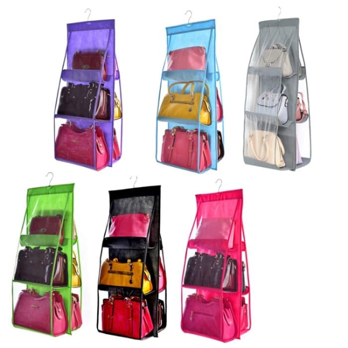 B05005 2 Stück doppelseitige Hängetasche mit 6 Fächern, Handtaschen-Organizer aus Vliesstoff zum Aufhängen, B05005 Purple, B05005 Black, B05005 Grey, B05005 Rose Red, B05005 Green, B05005 Blue – Bild 2