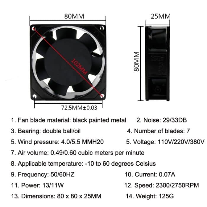 8 cm leiser Gehäuse-Kühlventilator, SMUOM SF8025AT 220V Oil Bearing, SMUOM SF8025AT 220V Double Ball Bearing, SMUOM SF8025AT 110V Oil Bearing, SMUOM SF8025AT 110V Double Ball Bearing – Bild 6